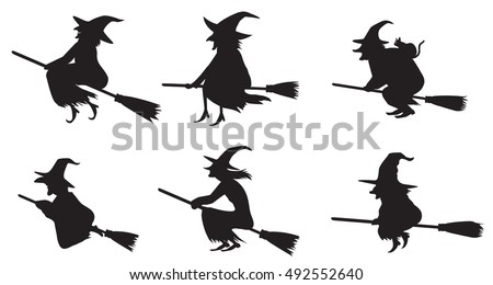 Vector illustration of witches silhouettes flying on brooms isolated on white background