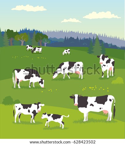 Landscape with Pasturing Cows with Baby Cows Foto d'archivio © 
