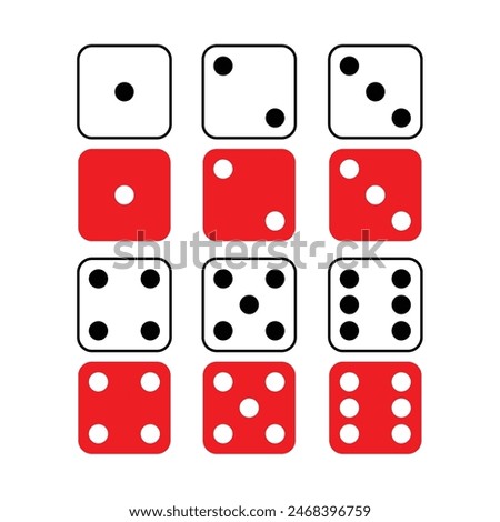 Dice graphic icons set, red and white color vector ludo dice. a large set of dice. gambling objects to play in casino