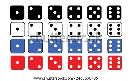 Dice graphic icons set, red, blu, black and white color vector ludo dice. a large set of blue dice. gambling objects to play in casino