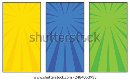 Three color comic style vertical banners set design. abstract exploding rays style empty vertical banners set