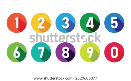 Number set from zero to nine on colorful circle with shadow. colorful circles and numbers. numbers symbols with long shadow. number digit vector icon with colorful circle. set of 1-9 numbers