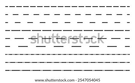 Set of long dashed lines collection. different types of long dashed lines. dashed line set collection isolated on white background. collection of lines for notebook pages. sewing cutting kit