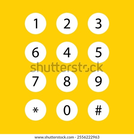 Number 0 9 in white circles on yellow background for mobile app development. smartphone dial keypad. mobile keypad with numbers for phone