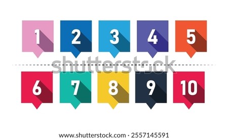 Number set from zero to nine on colorful box with shadow. colorful square box and numbers. numbers symbols with long shadow. set of 1-9 numbers. number digit vector icon with colorful circle