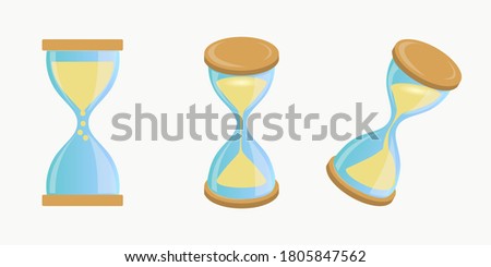Vector illustration of an hourglass at different angles, right on top and side, sand and time, timer, fast time flow, vector on a white background