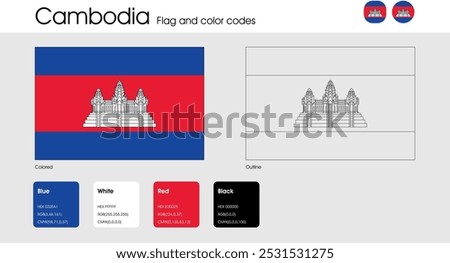 Cambodia Flag version of colored, outline and icons