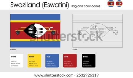 Swaziland Eswatini Flag version of colored, outline and icons