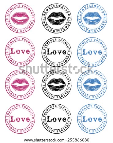 Stamp with words LOVE, LOVE YOU with woman lips inside in red, black and blue color