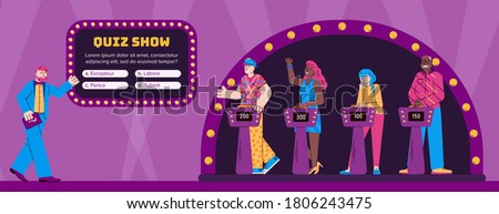 Players guessing quiz questions in the intellectual game show. Studio with program presenter and participants. Television erudite show. Vector flat cartoon illustration.