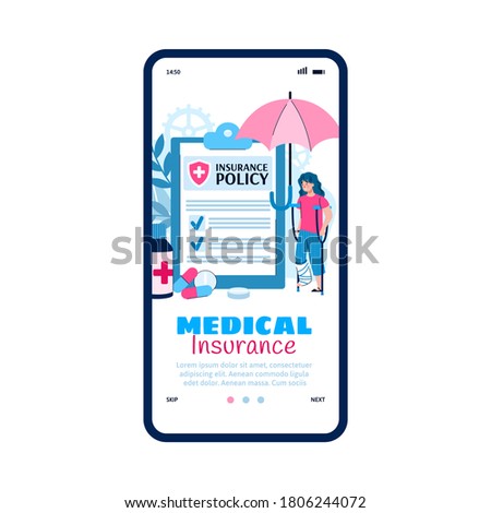 Onboarding page for medical health insurance services with insurance contract and injured woman, flat vector illustration. Mobile page interface for insurance agency.