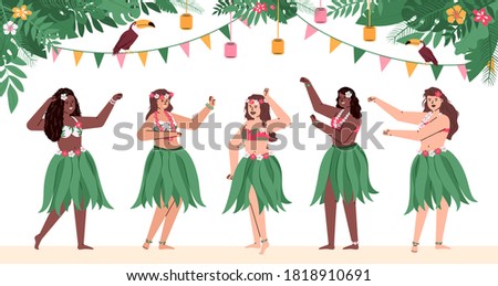 Group of beautiful happy hawaiian girls in traditional costumes dance hulu. Polynesian dancers in grass skirts and with flowers in hair. Flat cartoon vector illustration.