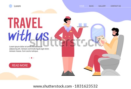 Travel with us landing page for internet website. Flight attendant on board offering food and drink to plane passengers, flat cartoon vector illustration white background
