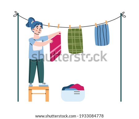 Little girl hangs up the washed laundry, cartoon vector illustration isolated on white background. Daughter busy with housework and helps her mother with household. Сток-фото © 