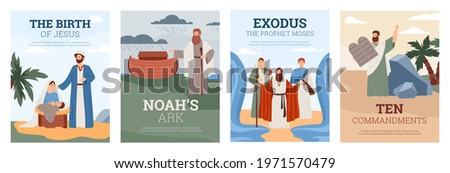 Posters with characters of story christian holy bible - birth jesus, noah ark, exodus and ten commandments on stone tablets prophet moses. Flat cartoon vector illustrations.