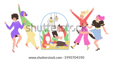 Types of human personality temperament - behavior extrovert and introvert. Introversion young woman read book at home, extroversion girls dance at party. Vector flat illustration Foto stock © 