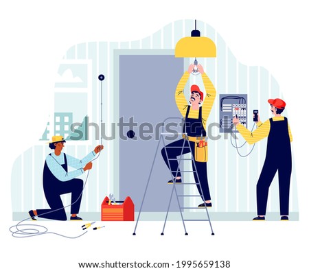 Electricians working indoors with wiring and lighting, flat vector illustration isolated on white background. Electrical maintenance of residential and office premises.