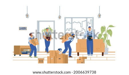 House moving service loaders carrying furniture, flat vector illustration isolated on white background. Professional delivery company workers or porters.