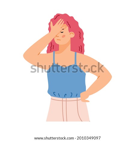 Woman with gesture facepalm of disappointment or shame, flat vector illustration isolated on white background. Frustrated woman regretting of make mistake.