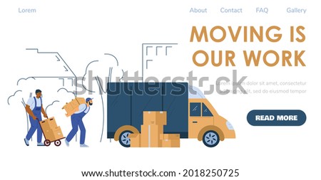 Loaders or porters services for house or office moving and relocation. Advertising web banner or webpage for shipping and delivery company, flat vector illustration.