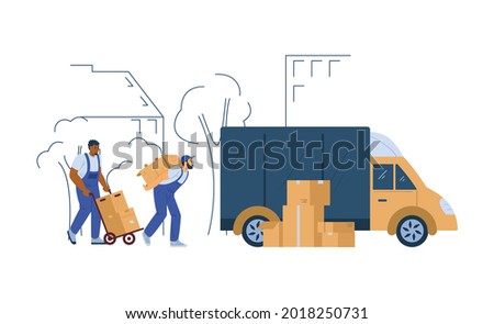 Loaders or porters unloading truck with furniture, flat vector illustration isolated on white background. Moving company, heavers and loading services.
