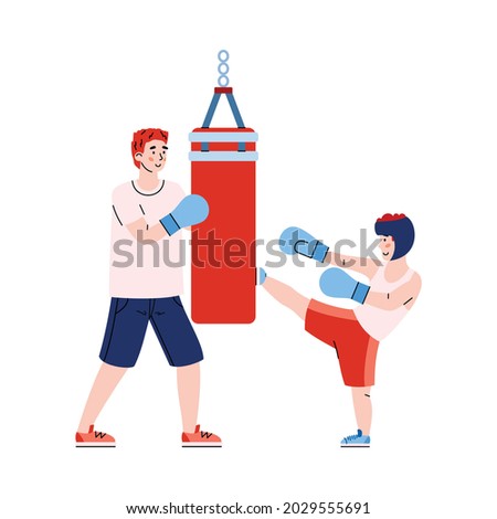 Father teaching child box fight kiks, cartoon vector illustration isolated on white background. Parenting and family bonding sport activity of father and son.