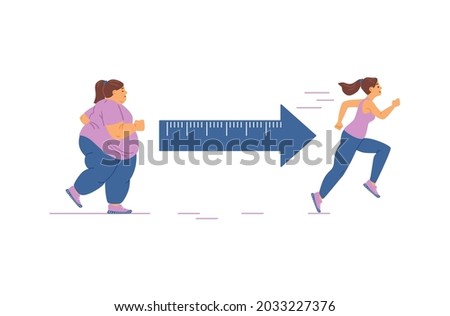 Fat young woman with obesity problem engaged fitness for lose weight. Overweight female person run striving for a slim athletic body. Flat vector illustration isolated on white. Сток-фото © 