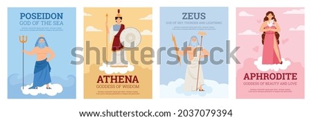 Set of posters with goddesses and gods ancient greek mythology. Famous characters of olympian pantheon - poseidon, zeus, athena and aphrodite. Flat cartoon vector illustrations. Stok fotoğraf © 