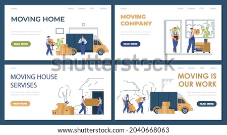 Moving service company websites set, flat vector illustration on white background. Professional house moving or shipping company landing page templates bundle.