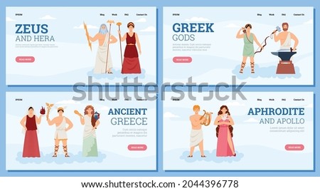 Set of web banners with goddesses and gods ancient greek mythology. Famous characters deity of olympian pantheon. Flat cartoon vector illustrations.