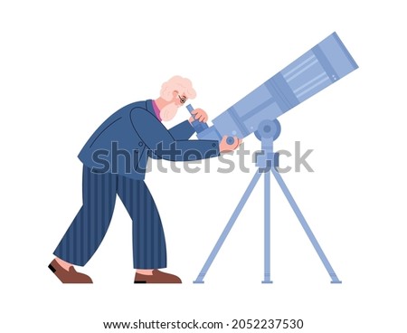 Old bearded astronomer looking through huge telescope, flat cartoon vector illustration isolated on white background. Astronomer scientist exploring universe and stars.