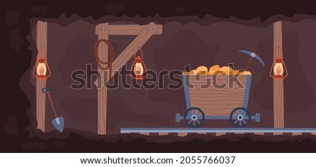 Old gold mine with cart full of gold nuggets and pickaxes, flat cartoon vector illustration. Gold mine background for games and digging treasures topic.