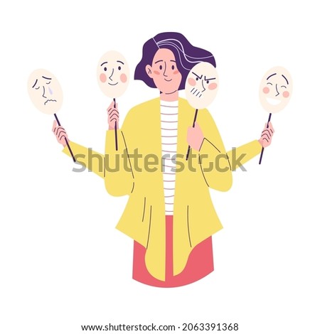 Woman holds masks with different emotions, flat vector illustration isolated on white background. Concept of hypocrisy, mental disorder and fake emotion. Foto d'archivio © 