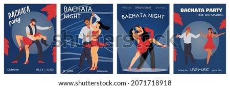 Bachata dance party and night event banners or posters set, flat vector illustration. Cards with attractive men and women passionately dancing bachata.