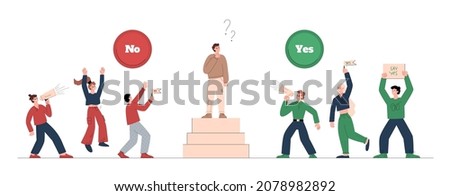 Convincing and persuasion concept with hesitating person and groups of people persuading him to make decision, flat vector illustration isolated on white background.