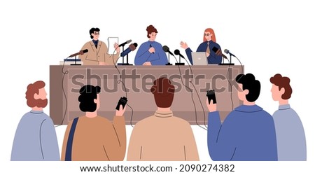 Press conference interview flat vector illustration. Celebrity star or politician sitting at tribune table with a microphone answering journalist's questions. Speaker's speech at presentation.