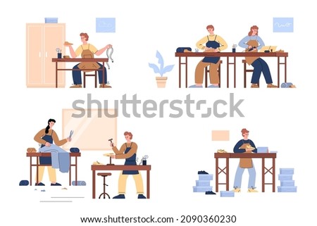 Shoes manufacturing process set with cartoon people designing and sewing footwear. Handmade shoes production, flat vector illustration isolated on white background. Foto stock © 