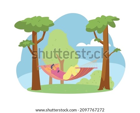 Man lay in hammock, cartoon vector illustration. Person swing and relax at hammock stretched between pine trees at the countryside. Summer joy.