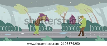 People with broken umbrellas walking in wind storm in city park, flat vector illustration. Hurricane, rain, thunderstorm and bad weather conditions. Climate change concept.