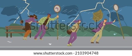 People walk through thunderstorm and rain on the street in the park, flat vector illustration. Bad weather conditions and wind storm. Concept of climate change.