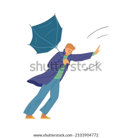 Man walks with umbrella turned inside out during wind storm, flat vector illustration isolated on white background. Cold autumn weather concept.