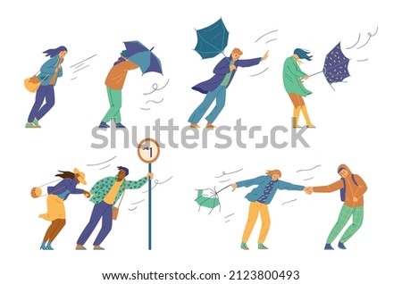 People walk with broken umbrellas in windy weather, flat vector illustration isolated on white background. Set of unhappy characters in bad meteorological conditions. Storm, tornado or hurricane.