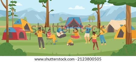 Touristic summer campground or camping area in clearing in forest with dancing and resting people. Tourism in nature and forest campsite, flat cartoon vector illustration.