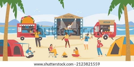 Summer music festival campground with people enjoying music, dancing and resting near tents, flat vector illustration. Music campground or festival campsite.