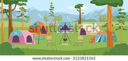 Summer forest or mountain tourist campground or campsite with tents and fireplace, flat cartoon vector illustration. Summer backpackers camping background.