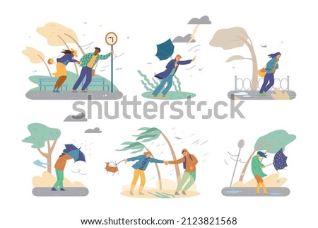 People struggle against storm and hurricane wind vector illustration. Thunderstorm fall weather, tree and palm tree are blown away with strong wind.