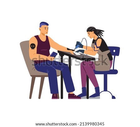 Tattooed people in tattoo salon, flat vector illustration isolated on white background. Woman creates tattoo on clients hand using professional machine. Process of tattooing.