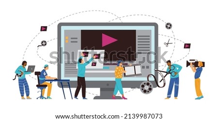 Motion designers and animators working on computer create animation video, flat cartoon vector illustration. Professional motion graphics and editing studio services. Foto stock © 