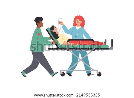 Paramedics provide first aid to injured person on medical stretcher for emergency care. Ambulance rescue doctors, flat vector illustration isolated on white background. ストックフォト © 