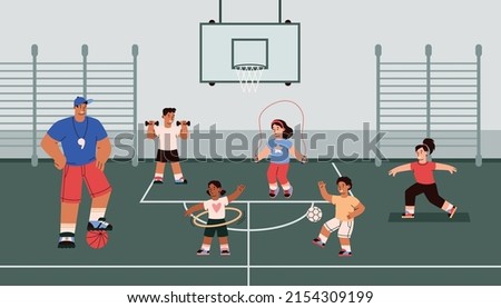 Children in the gym with a trainer physically train, vector flat illustration. Children at school play with a ball, do sports, fitness. Physical education lesson for children's health